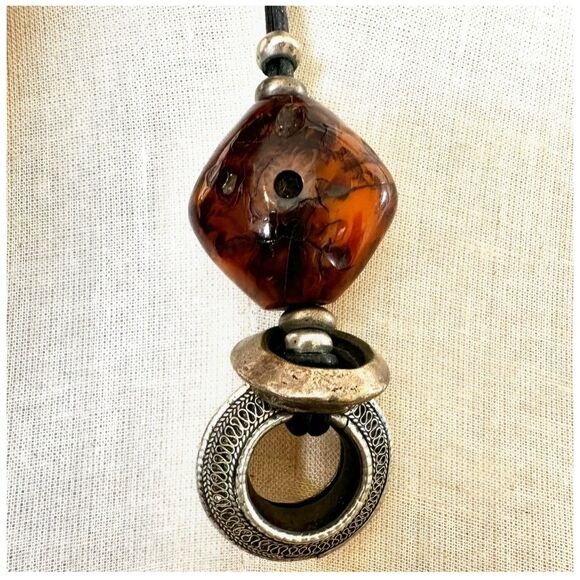 Brown and silver pendant necklace on cord - Picture 2 of 8